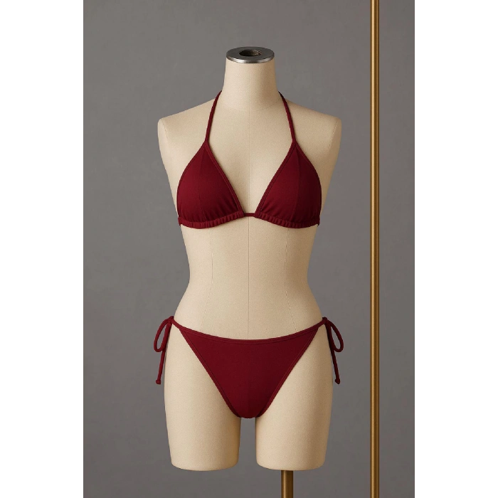 Kadın Bordo Yandan Ve Boyundan Bağlamalı Bikini Mayo Takımı