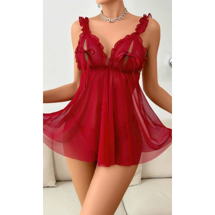 Kadın Bordo Yumuşak Tüllü Fantezi Gecelik 2109