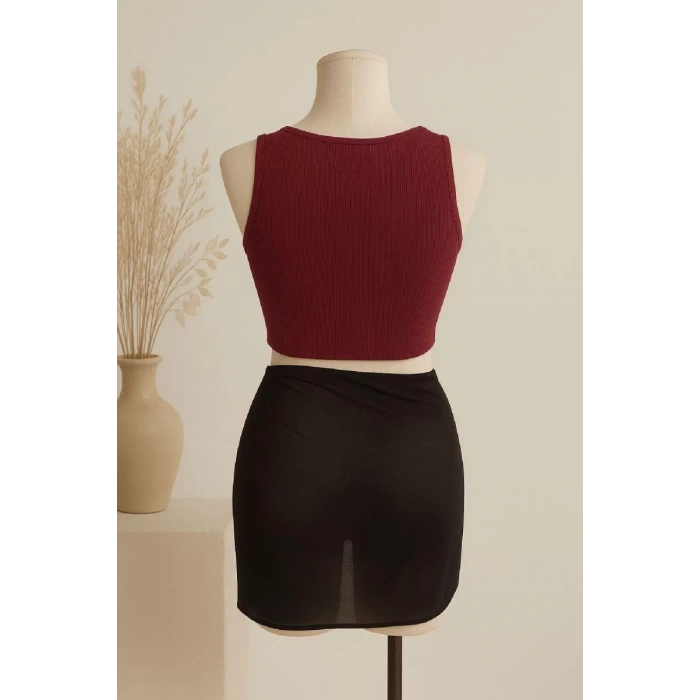 Kadın Bordo Yuvarlak Yaka Crop Ve Siyah Pareo 2li Set