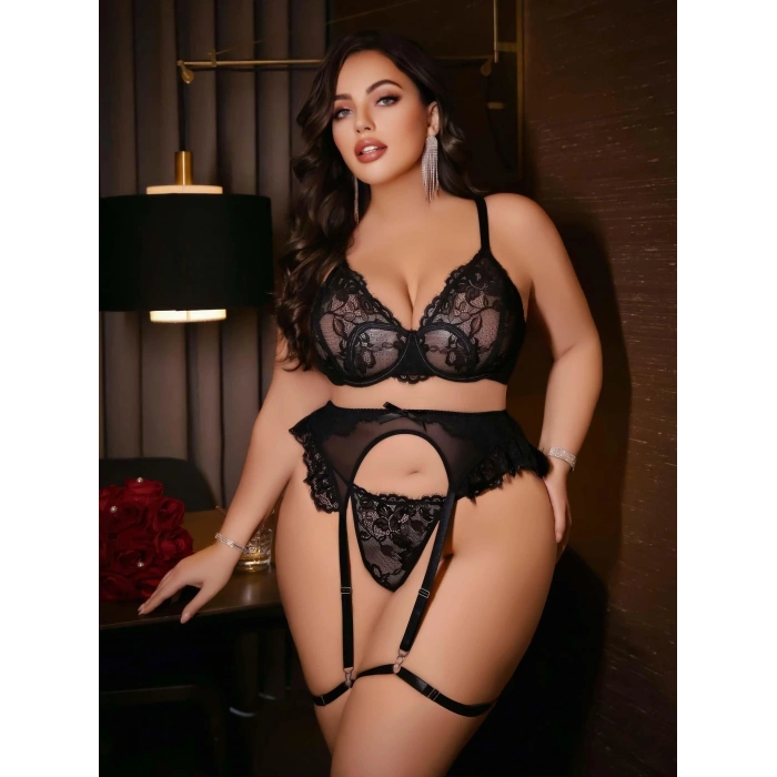 Kadın Büyük beden dantel detaylı fantezi jartiyer takımı 8010