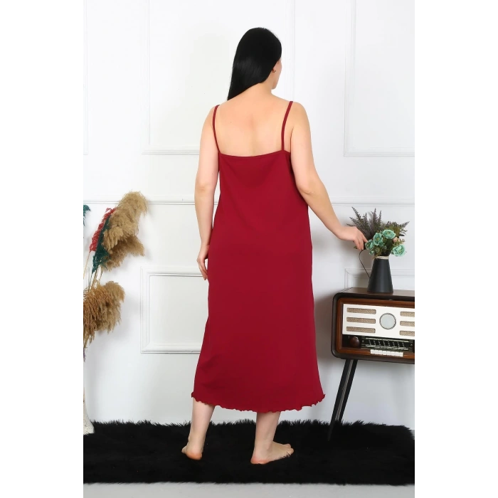 Kadın Büyük Beden İp Askılı Pamuklu Bordo Uzun Gecelik