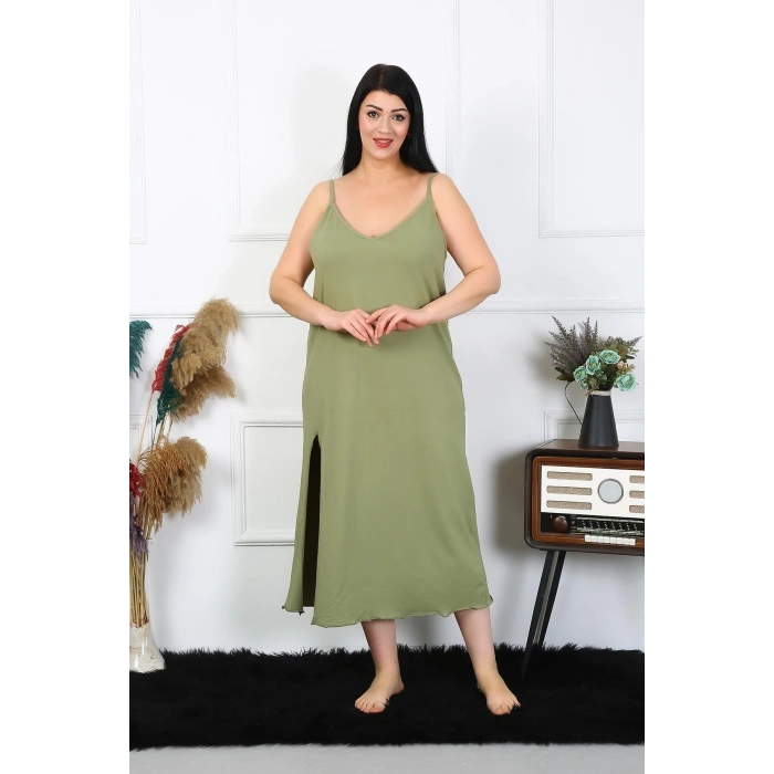 Kadın Büyük Beden İp Askılı Pamuklu Haki Uzun Gecelik