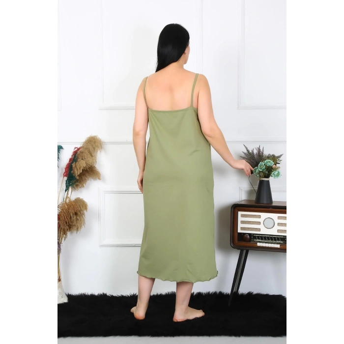 Kadın Büyük Beden İp Askılı Pamuklu Haki Uzun Gecelik