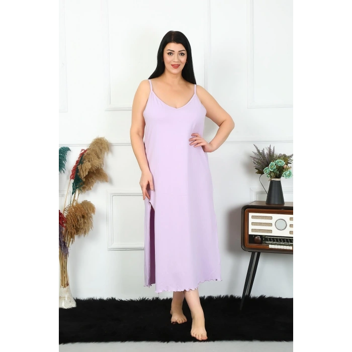 Kadın Büyük Beden İp Askılı Pamuklu Lila Uzun Gecelik