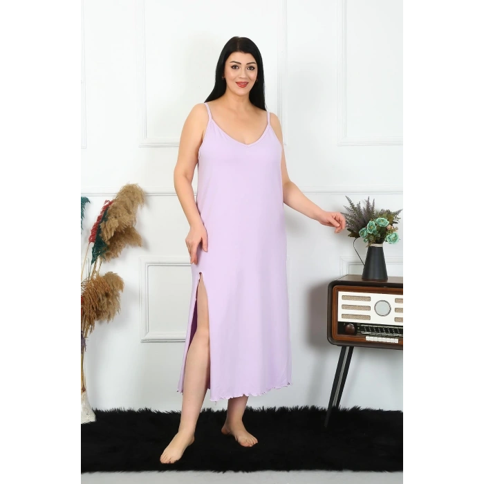 Kadın Büyük Beden İp Askılı Pamuklu Lila Uzun Gecelik