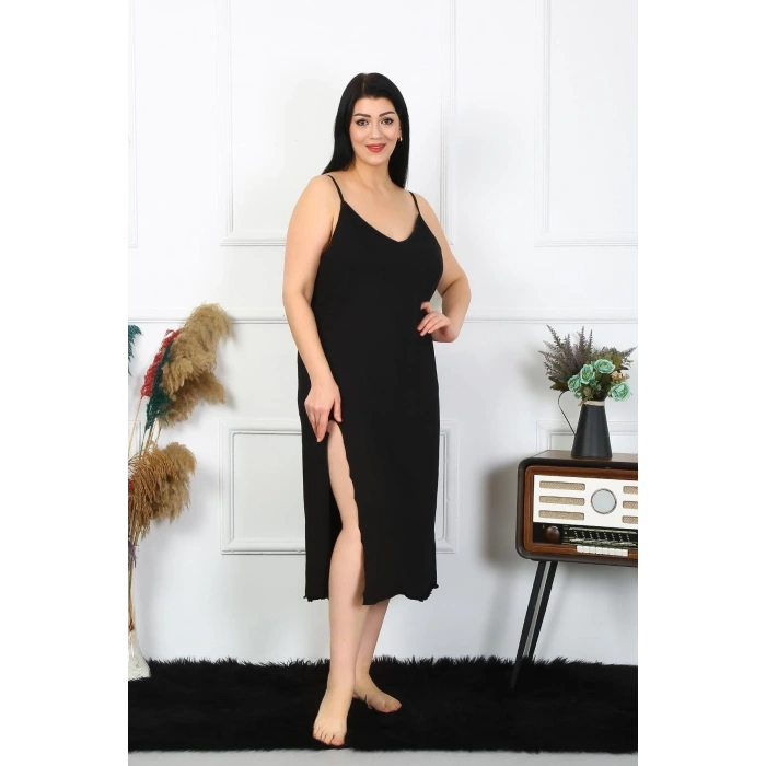 Kadın Büyük Beden İp Askılı Pamuklu Siyah Uzun Gecelik