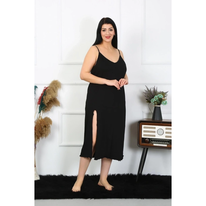 Kadın Büyük Beden İp Askılı Pamuklu Siyah Uzun Gecelik