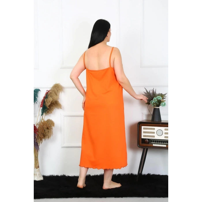 Kadın Büyük Beden İp Askılı Pamuklu Turuncu Uzun Gecelik