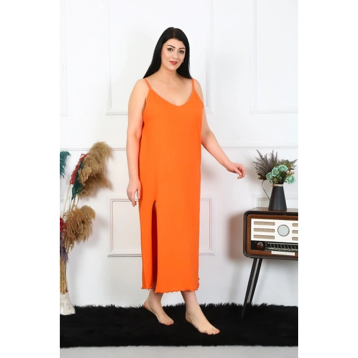 Kadın Büyük Beden İp Askılı Pamuklu Turuncu Uzun Gecelik