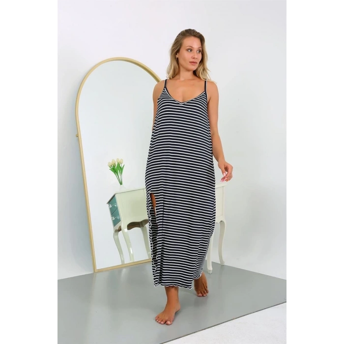 Kadın Büyük Beden İp Askılı Pamuklu Uzun Gecelik