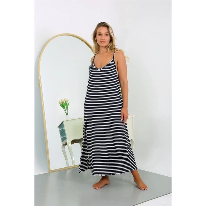 Kadın Büyük Beden İp Askılı Pamuklu Uzun Gecelik