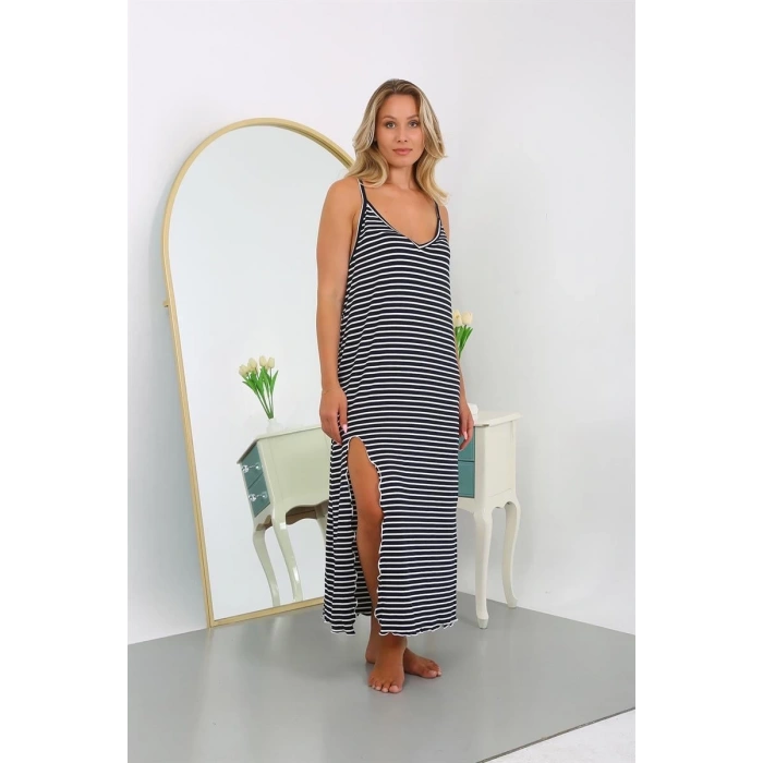 Kadın Büyük Beden İp Askılı Pamuklu Uzun Gecelik