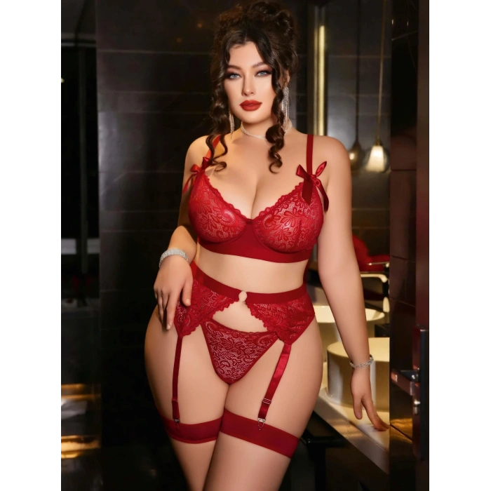 Kadın Büyük Beden Kırmızı Dantelli Jartiyerli Fantezi İç Giyim Takımı 8005