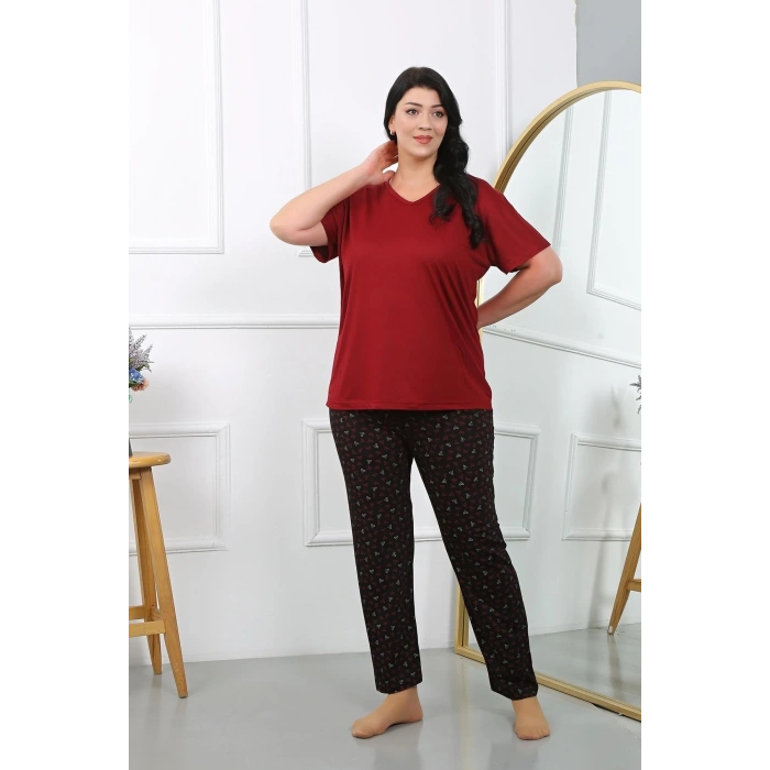 Kadın Büyük Beden Kısa Kol Penye Pijama Takımı Bordo