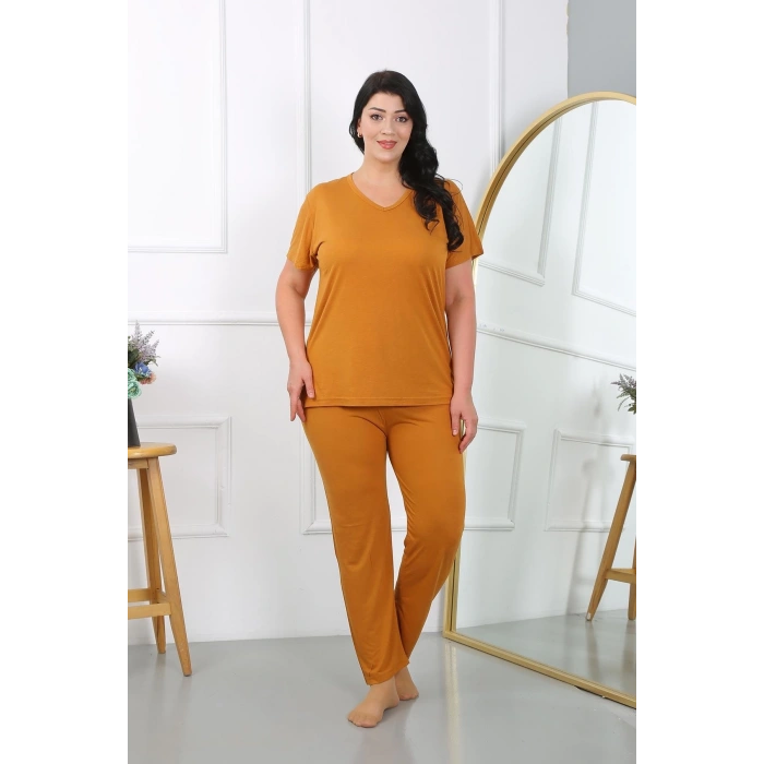 Kadın Büyük Beden Kısa Kol Penye Pijama Takımı Hardal