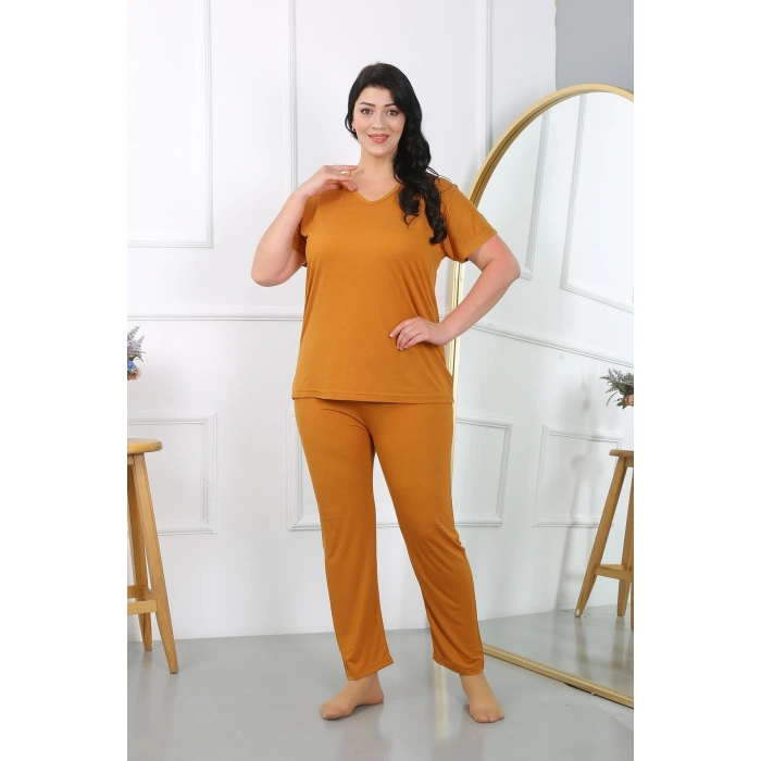 Kadın Büyük Beden Kısa Kol Penye Pijama Takımı Hardal