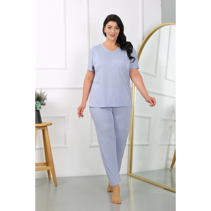 Kadın Büyük Beden Kısa Kol Penye Pijama Takımı Lila