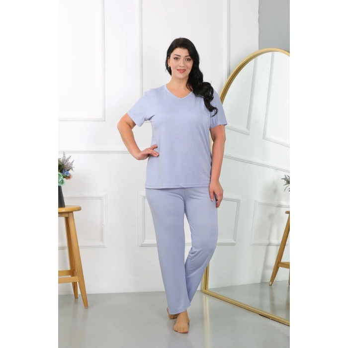 Kadın Büyük Beden Kısa Kol Penye Pijama Takımı Lila