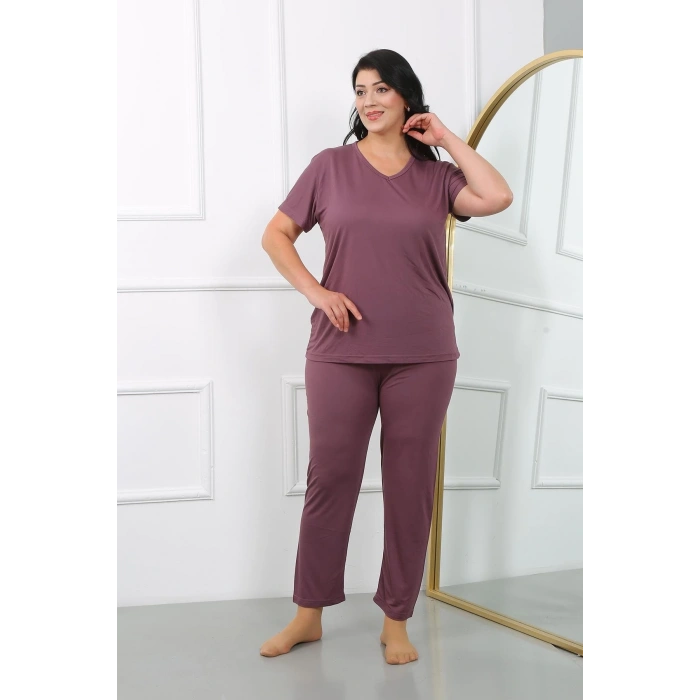 Kadın Büyük Beden Kısa Kol Penye Pijama Takımı Mürdüm