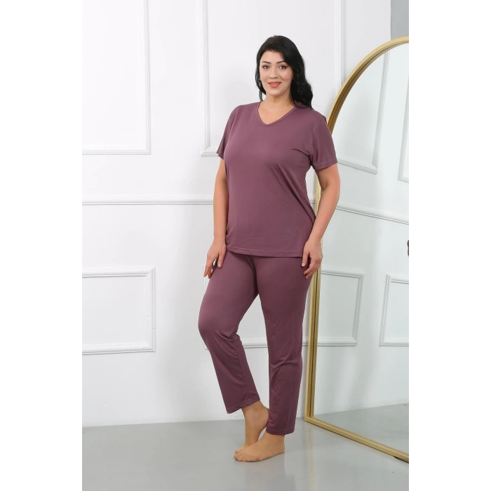 Kadın Büyük Beden Kısa Kol Penye Pijama Takımı Mürdüm