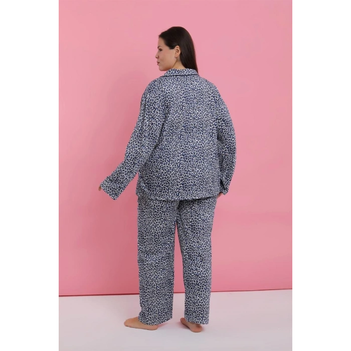 Kadın Büyük Beden Mavi Leopar Desenli Düğmeli Pijama Takımı