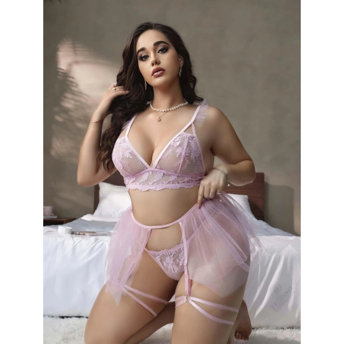 Kadın Büyük Beden Pembe Seksi Tasarım  Fantezi Jartiyer Takımı 8017