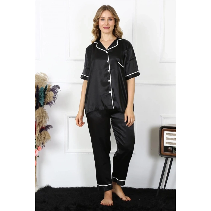 Kadın Büyük Beden Siyah Saten Pijama Takımı