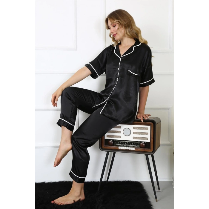 Kadın Büyük Beden Siyah Saten Pijama Takımı