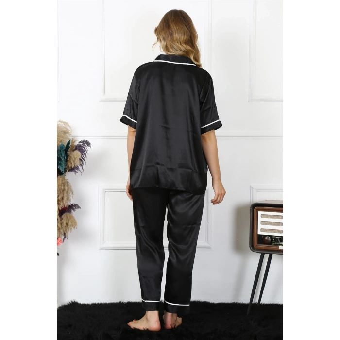 Kadın Büyük Beden Siyah Saten Pijama Takımı