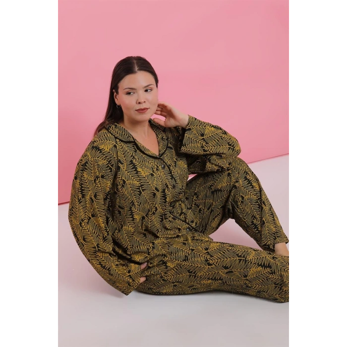 Kadın Büyük Beden Tropikal Yaprak Desenli Düğmeli Pijama Takımı
