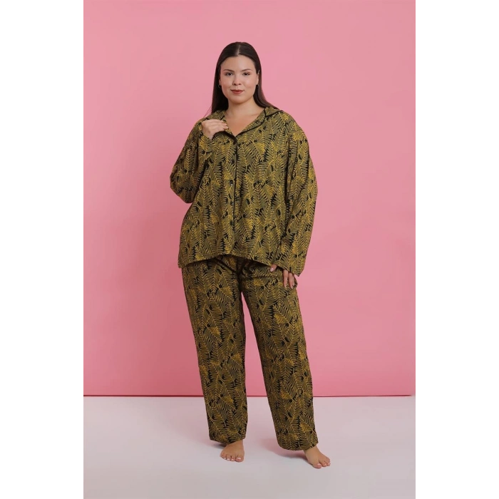 Kadın Büyük Beden Tropikal Yaprak Desenli Düğmeli Pijama Takımı