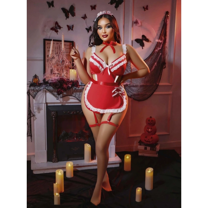 Kadın Büyük Beden Yılbaşı Özel Dantel Detaylı Fantezi Jartiyer Takımı 8012