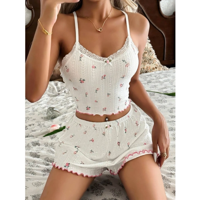 Kadın Çiçek Desenli Dantel Askılı Şortlu Pijama Takımı 5235