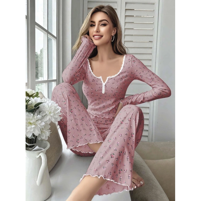 Kadın Çiçek Desenli Yumuşak Pamuklu Uzun Pijama Takımı 5132