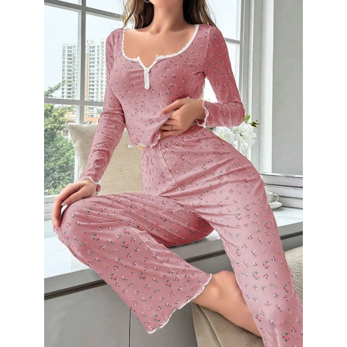 Kadın Çiçek Desenli Yumuşak Pamuklu Uzun Pijama Takımı 5132
