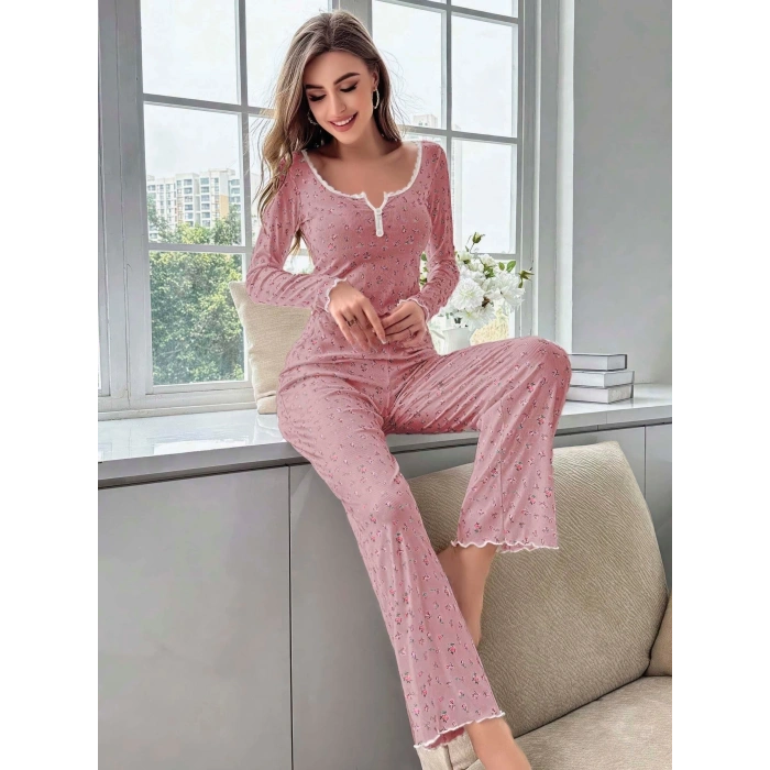 Kadın Çiçek Desenli Yumuşak Pamuklu Uzun Pijama Takımı 5132