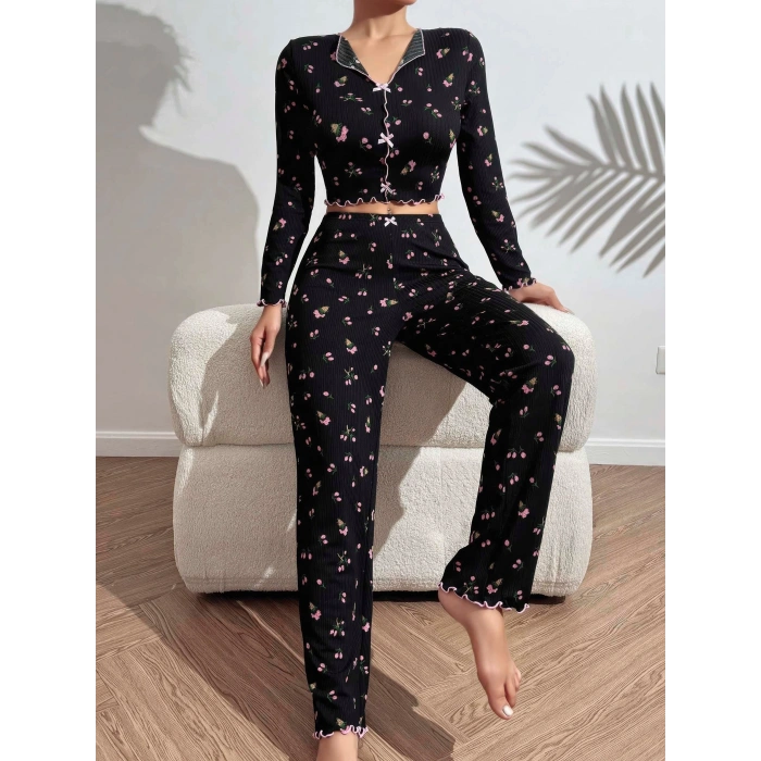 Kadın Çiçek ve Fiyonk Desenli Yumuşak Pamuklu Uzun Pijama Takımı 5134