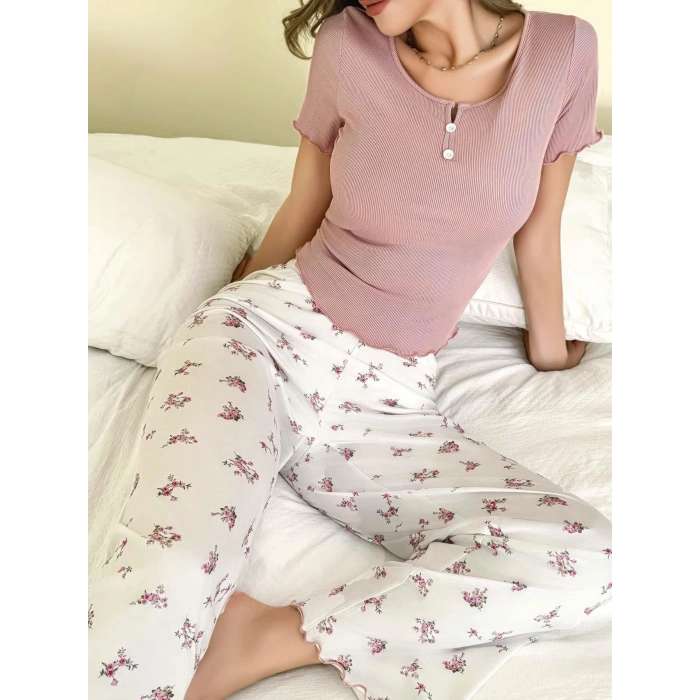 Kadın Çiçekli Desen Yumuşak Pamuklu Uzun Pijama Takımı 5131