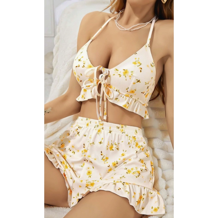 Kadın Çiçekli Ekru Askılı Şortlu Pijama Takım 5017
