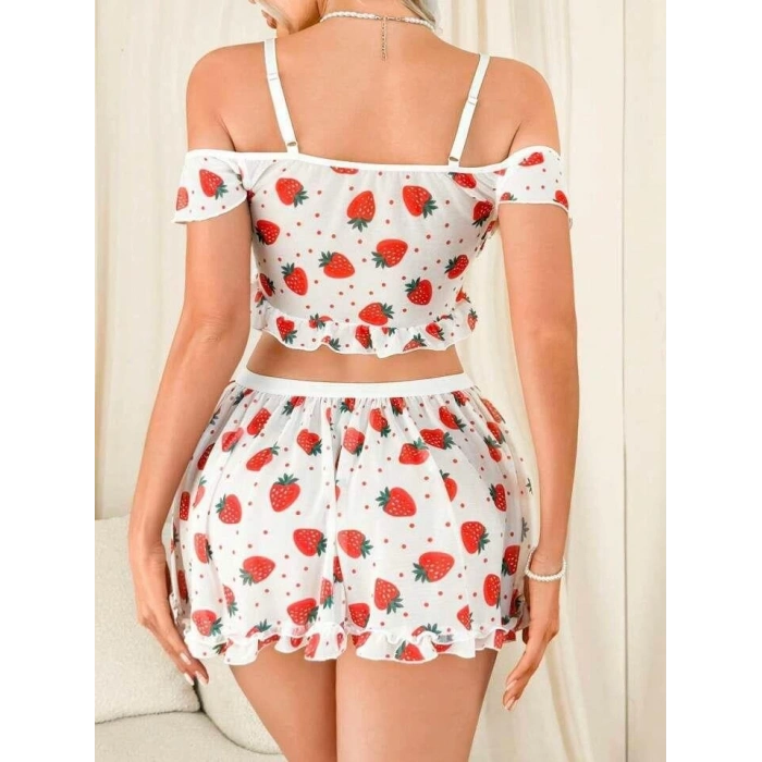 Kadın Çilek Desenli Fantezi Etekli Takım