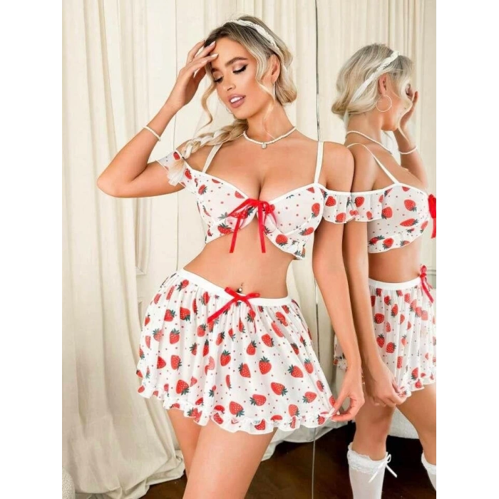 Kadın Çilek Desenli Fantezi Etekli Takım