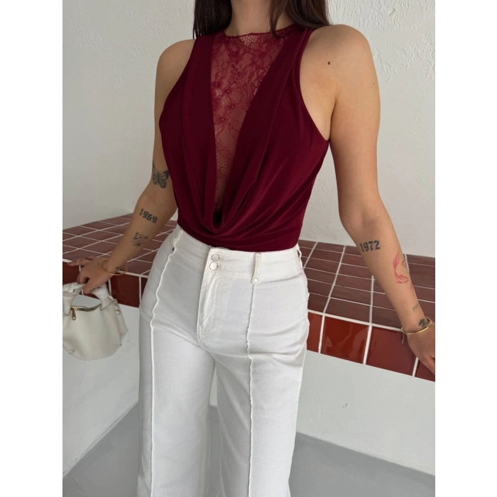 Kadın Dantel Detaylı Derin Dekolte Body Şık Kolsuz Yazlık Bodysuit - Bordo