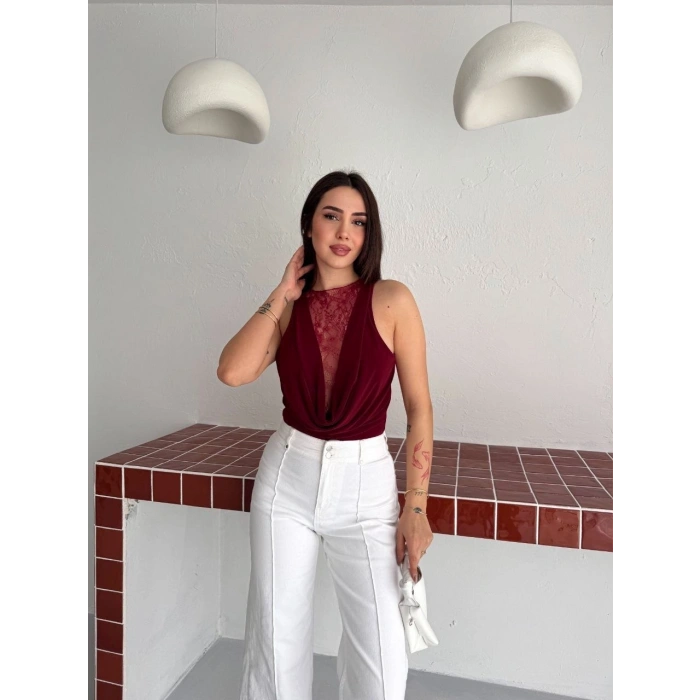 Kadın Dantel Detaylı Derin Dekolte Body Şık Kolsuz Yazlık Bodysuit - Bordo