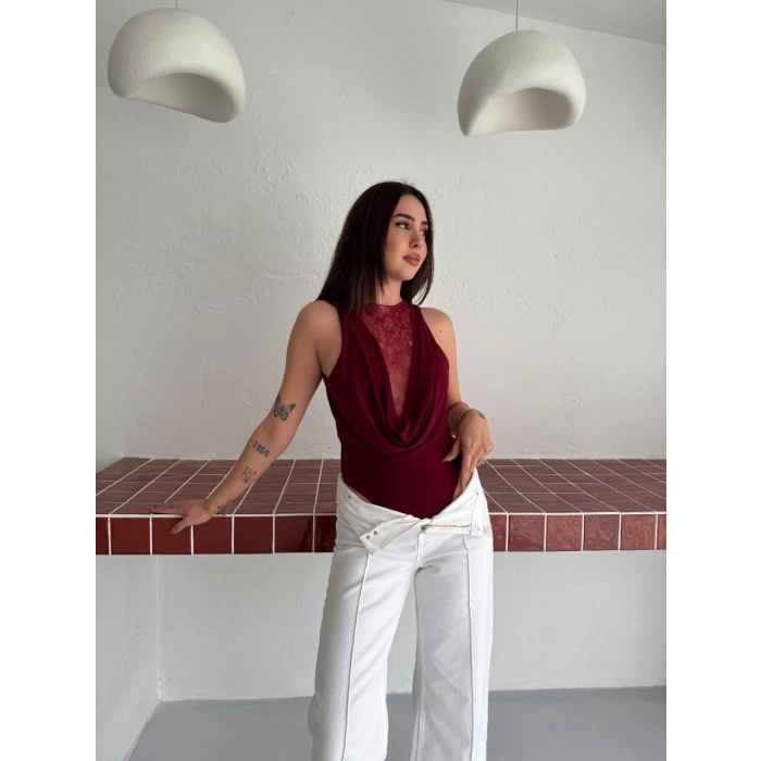 Kadın Dantel Detaylı Derin Dekolte Body Şık Kolsuz Yazlık Bodysuit - Bordo