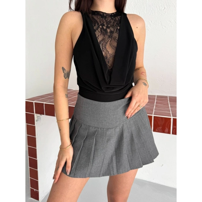 Kadın Dantel Detaylı Derin Dekolte Body Şık Kolsuz Yazlık Bodysuit - Siyah