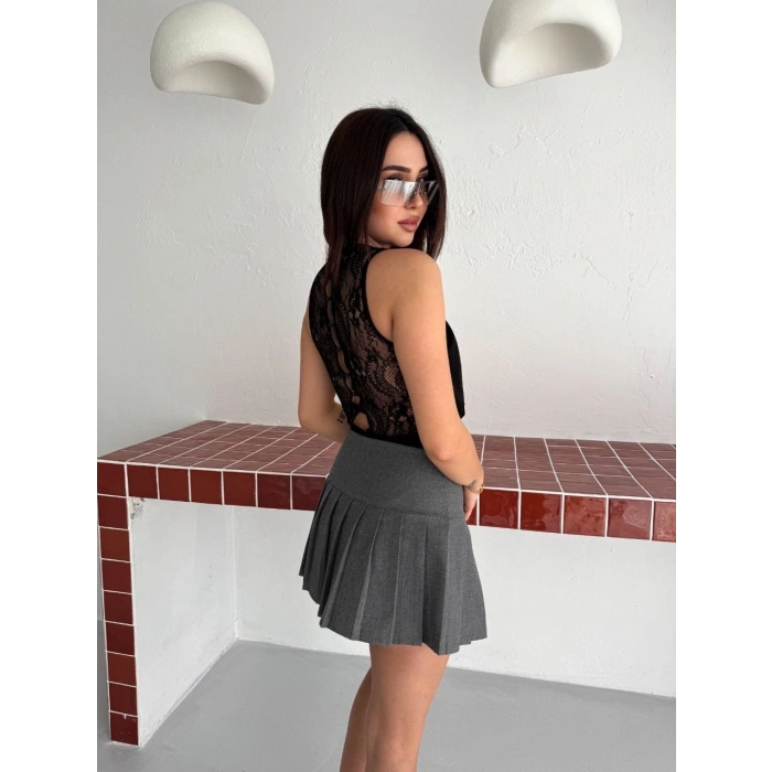 Kadın Dantel Detaylı Derin Dekolte Body Şık Kolsuz Yazlık Bodysuit - Siyah