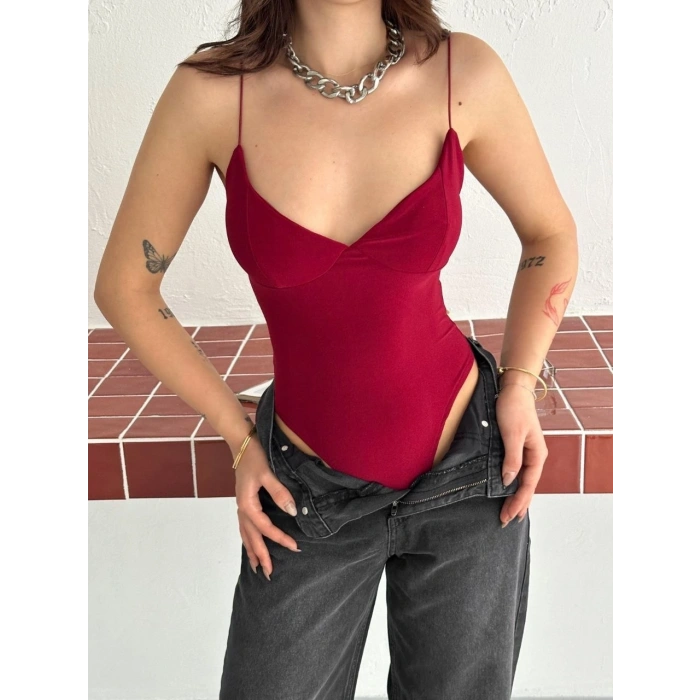 Kadın Derin Dekolte Askılı Body Sırt Dekolteli Şık Kolsuz Yazlık Bodysuit - Kırmızı