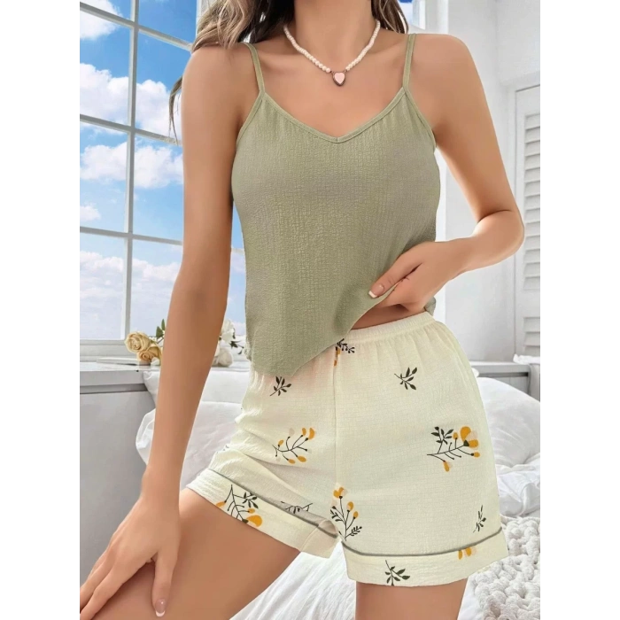 Kadın Ekru Çiçek Baskılı Şortlu Gecelik Pijama Takımı 5099