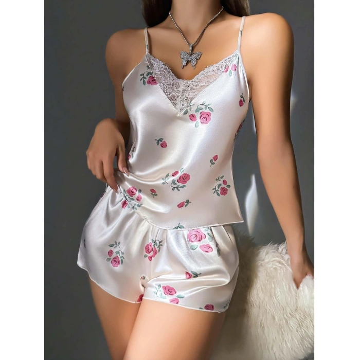 Kadın Ekru Gül Desenli Askılı Dantel Üst Pijama Takımı 2222