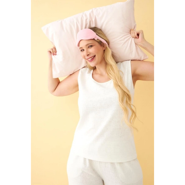 Kadın Ekru Keten Jakarlı Büyük Beden Alt Üst Takım